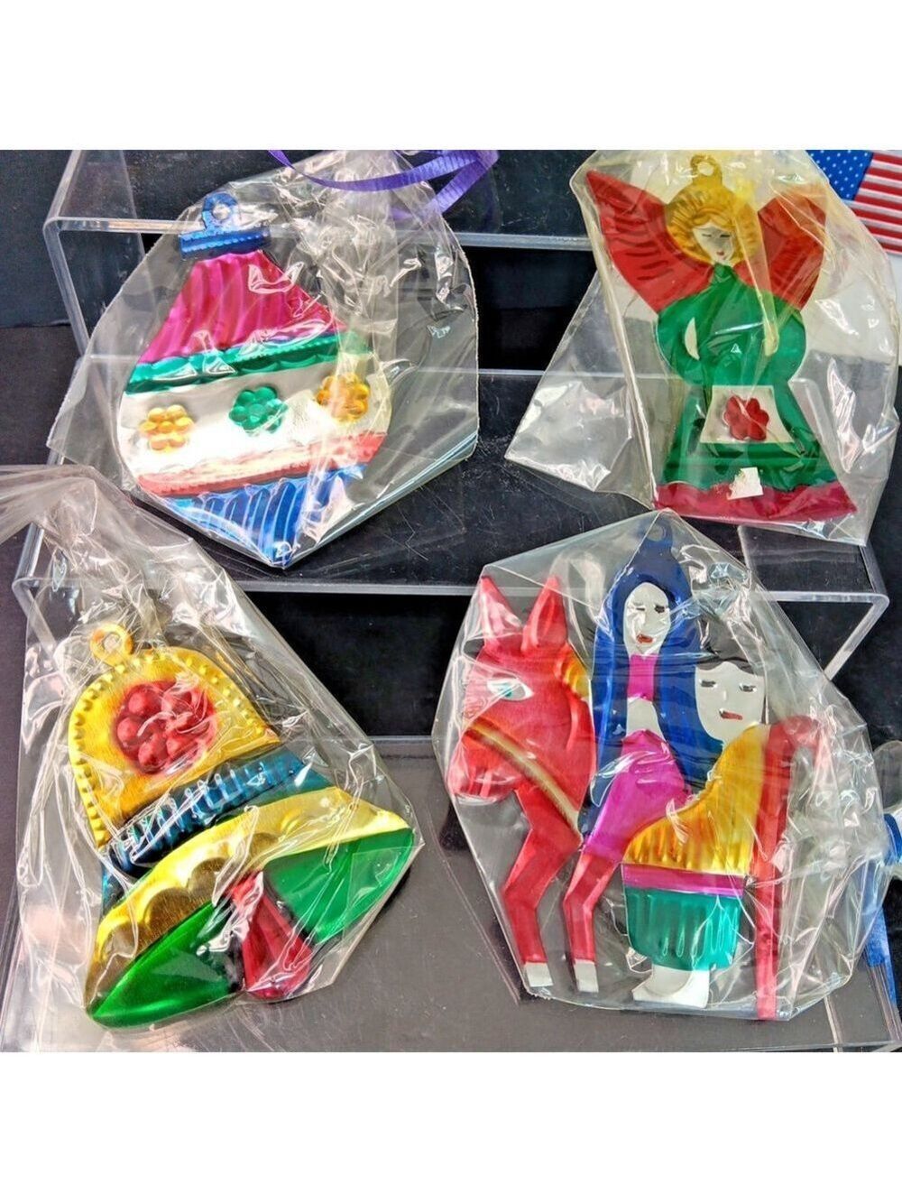 Mexican Tin Christmas Ornaments Hand Painted In Original Packages Made In Mexico